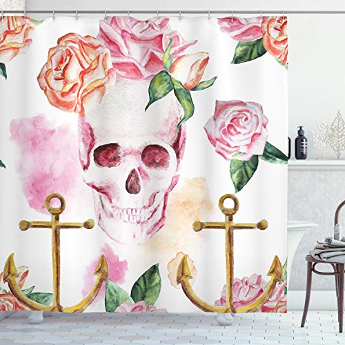 ABAKUHAUS Calavera Cortina de Baño, Náutico Ancla con Rosas Victorianas Peonóas Arte Vintage Diseño Estampa, Material Resistente al Agua Durable Estampa Digital, 175 x 200 cm, Blanco