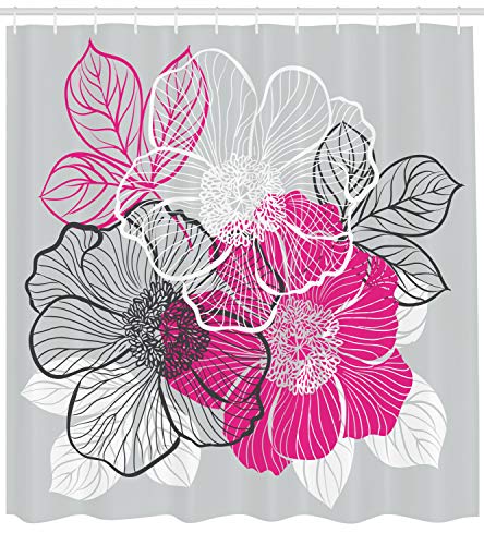 ABAKUHAUS Gris Cortina de Baño, Peonías de Novia Abstractos, Material Resistente al Agua Durable Estampa Digital, 175 x 240 cm, Magenta Blanco Gris