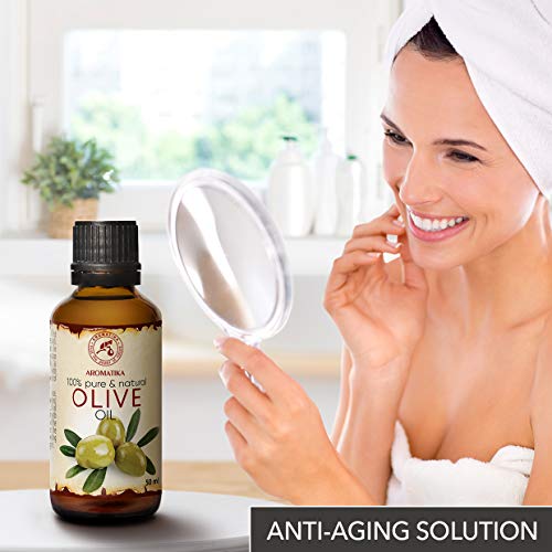 Aceite de Oliva 50ml - Olea Europaea Fruit Oil - España - Presión en Frío - 100% Puro y Natural - Botella de Vidrio - Cuidado Intensivo para el Rostro - Cabello - Cuidado Corporal