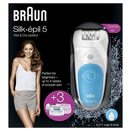 Braun 5-511 Silk-épil Wet & Dry - Depiladora eléctrica para mujer, inalámbrica y cabezal con recortadora, color blanco/azul