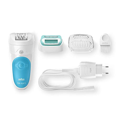 Braun 5-511 Silk-épil Wet & Dry - Depiladora eléctrica para mujer, inalámbrica y cabezal con recortadora, color blanco/azul