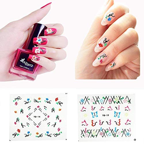 CINEEN 50 Hojas 3D Pegatina Decoracion para las Uñas Decal DIY Etiqueta Decoración Negro + Blanco + Multicolor