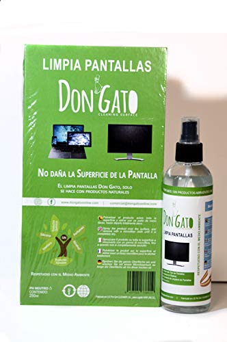 DON GATO - Limpia Pantallas + Paño Microfibras (250ml) para Televisor, Tableta, Ordenador portátil, LCD, LED, Teléfono móvil. Hecho con productos naturales y respetuoso con el medio ambiente.