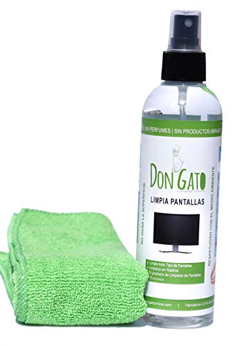 DON GATO - Limpia Pantallas + Paño Microfibras (250ml) para Televisor, Tableta, Ordenador portátil, LCD, LED, Teléfono móvil. Hecho con productos naturales y respetuoso con el medio ambiente.
