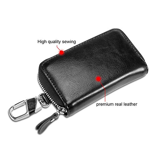 Estuches de Llave, Foonii una Llave de Moto o Coche y Unas Pequenas Llavero de Piel con Cremallera Organizador de Llaves Portallaves de Piel (Negro)