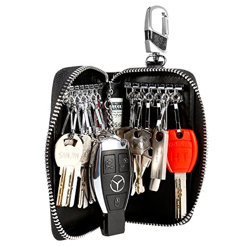 Estuches de Llave, Foonii una Llave de Moto o Coche y Unas Pequenas Llavero de Piel con Cremallera Organizador de Llaves Portallaves de Piel (Negro)