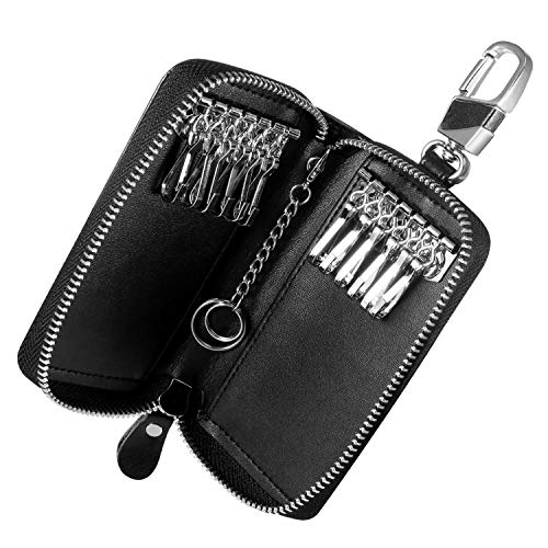 Estuches de Llave, Foonii una Llave de Moto o Coche y Unas Pequenas Llavero de Piel con Cremallera Organizador de Llaves Portallaves de Piel (Negro)