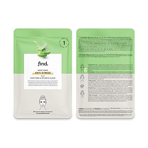FIND - Tratamiento completo de mascarillas faciales hidrogel, sin goteo, , pack de 10 unidades (antiestrés, purificante, calmante, iluminadora y détox)