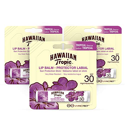Hawaiian Tropic - Lip Balm, Bálsamo Protector Solar de Labios SPF 30, Sabor Tropical - Pack 3 Unidades
