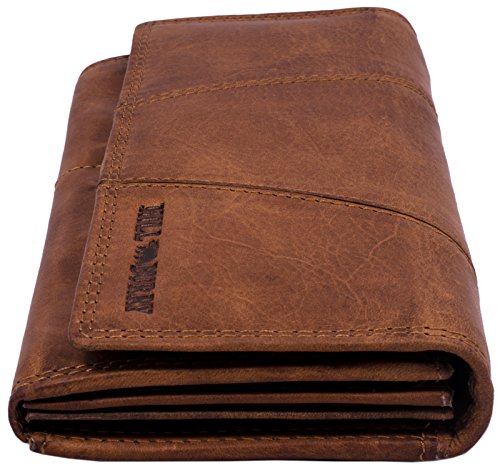 Hill Burry Cartera de Cuero para Mujer | Billetera - Monedero de Cuero Genuino con Aspecto Vintage | Mujeres - Hombre | XXL Largo Grande Capacidad (marrón)