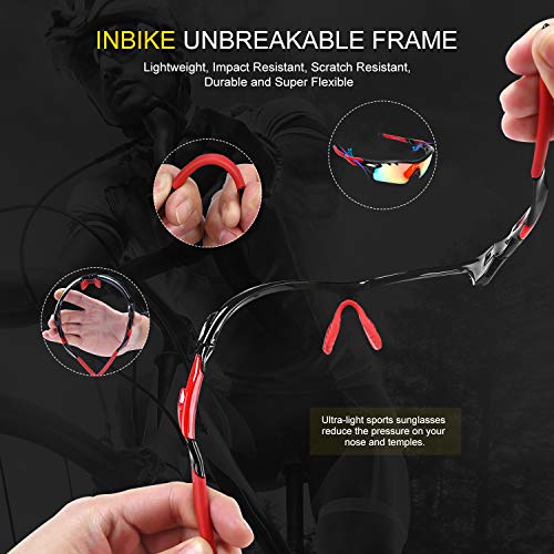Inbike Gafas de Sol Polarizadas Para Ciclismo con 5 Lentes Intercambiables Uv400 y Montura de Tr-90, Gafas Para Mtb Bicicleta Montaña 100% de Protección Uv(Negro)