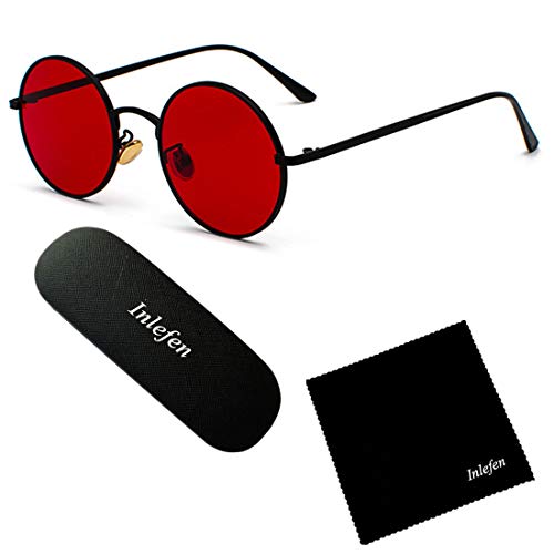 Inlefen Gafas de sol Hombres Mujeres Redondo Vintage Círculo estilo Gafas de sol Gafas de marco de metal de color Gafas negro rojo