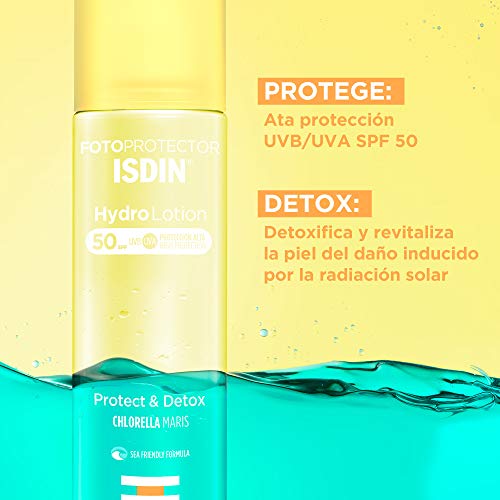ISDIN HydroLotion SPF 50 - Fotoprotector solar Corporal Bifásico, PROTECT & DETOX, Hidratante, Piel radiante, 200 ml
