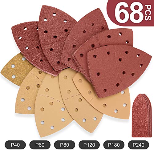 Jellas Papeles de Lija de 68 Piezas 40/60/80/120/180/240 Granos Surtidos Papeles de Lija Abrasivos con 11 Agujeros, Velcro Durable Incluidas las Hojas Triangulares