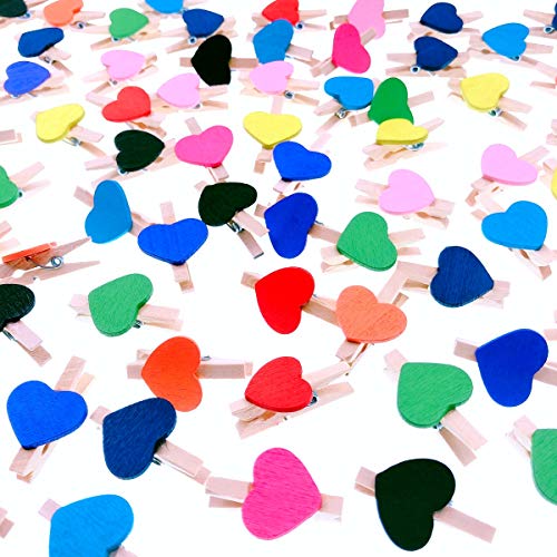 JZK 100 x Pinzas pequeñas Madera con corazón de Color + 30m Cordel de Yute, Mini Pinzas Decorativas Foto Clips para Manualidades decoración de Pared de Fotos