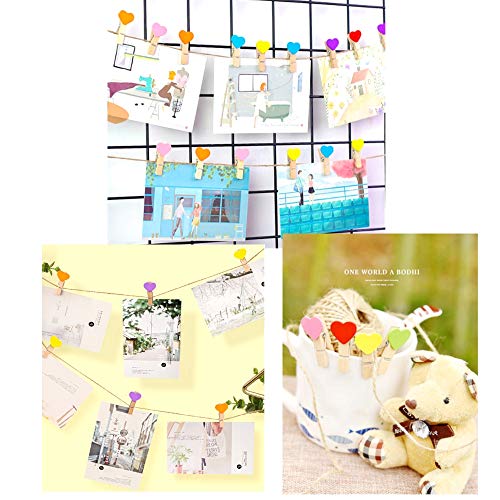 JZK 100 x Pinzas pequeñas Madera con corazón de Color + 30m Cordel de Yute, Mini Pinzas Decorativas Foto Clips para Manualidades decoración de Pared de Fotos