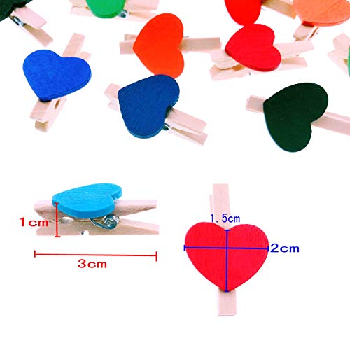 JZK 100 x Pinzas pequeñas Madera con corazón de Color + 30m Cordel de Yute, Mini Pinzas Decorativas Foto Clips para Manualidades decoración de Pared de Fotos
