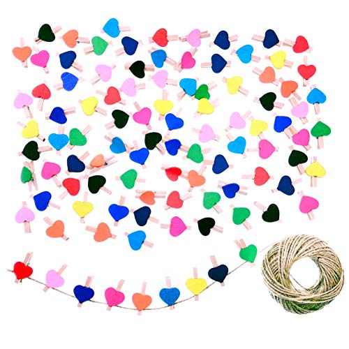 JZK 100 x Pinzas pequeñas Madera con corazón de Color + 30m Cordel de Yute, Mini Pinzas Decorativas Foto Clips para Manualidades decoración de Pared de Fotos