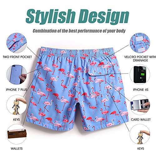 MaaMgic Hombre Bañador de Playa Tropical Vacaciones y Viajes en Verano con Bolsillos Azul Flamenco XL