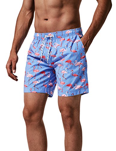 MaaMgic Hombre Bañador de Playa Tropical Vacaciones y Viajes en Verano con Bolsillos Azul Flamenco XL