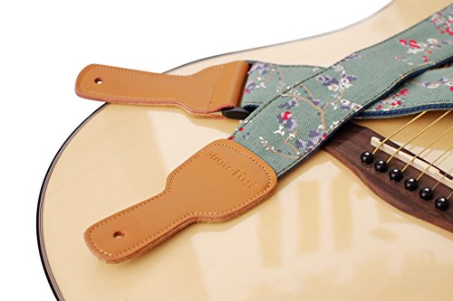 MUSIC FIRST - Correa para guitarra de piel auténtica y algodón suave, diseño vintage con flores de ciruelo