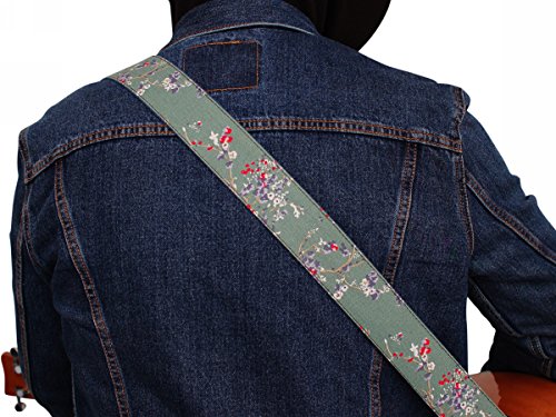 MUSIC FIRST - Correa para guitarra de piel auténtica y algodón suave, diseño vintage con flores de ciruelo