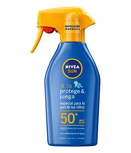 Nivea Sun Spray Solar Niños Protege Juega FP50+ (1 x 300 ml) pistola spray solar hidratante resistente al agua, protector solar infantil, protección solar muy alta