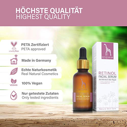 Serum de Retinol con RETINOL PURO, Ácido Hialurónico y Hamamelis - VEGANO - 30ml MADE IN GERMANY - Tratamiento Facial Hidratante contra las Arrugas y las Manchas de la Edad