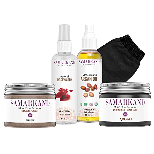 Set Hammam Marroquí de Exfoliación e Hidratación Corporal con Jabón Negro Natural, Ghassoul Ecológico, Aceite de Argán BIO, Agua de Rosas y Guante Manopla de Kessel-Kessa