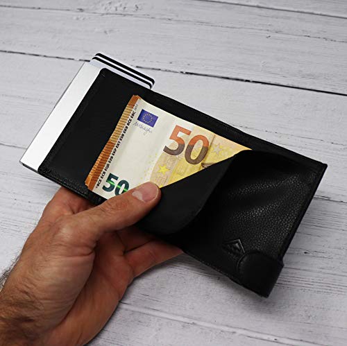 STEALTH WALLET Portatarjetas RFID Minimalista - Carteras de Tarjetas de Crédito de Metal Delgado y Ligero con Bloque NFC (Aluminio Plateado con Cuero Negro y Bolsillo para Monedas)
