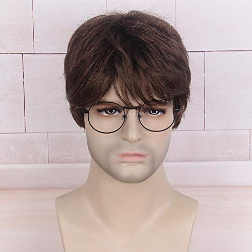 STfantasy Pelucas Hombre Marrón Flequillo Rizado Corta Natural Sintético Pelucas de pelo para hombre uso diario Carnaval Disfraz Fiesta Halloween