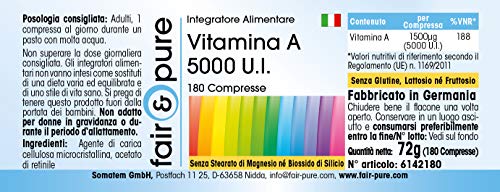 Vitamina A 5000 U.I. - Acetato de Retinol - Vegano - Alta pureza - 180 Comprimidos