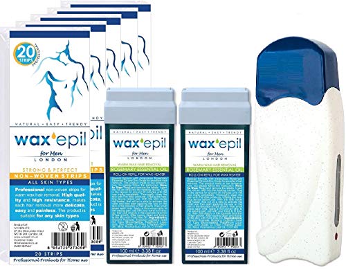WAXEPIL Regalo! roll-on cartuchos 2*ROSEMARY ESSENTIAL OIL* ESPECIAL HOMBRES, SUPERFICIES AMPLIAS depilación cartucho roll on cera depilatoria prof.– 2x100ml recarga +1 calentador +(100 Bandas REGALO)