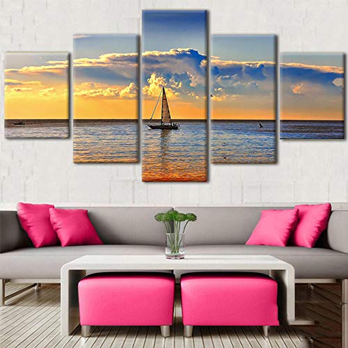 ZGHONG Cuadro modular para habitación de niños póster 5 piezas/marco moderno lienzo decorativo pintura de pared de impresión HD por brisa marina pintura de velero, Framed 20X35 20X45 20X55cm