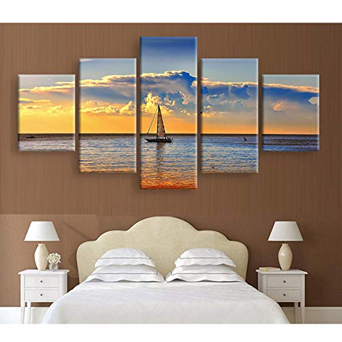 ZGHONG Cuadro modular para habitación de niños póster 5 piezas/marco moderno lienzo decorativo pintura de pared de impresión HD por brisa marina pintura de velero, Unframed 40X60 40X80 40X100cm