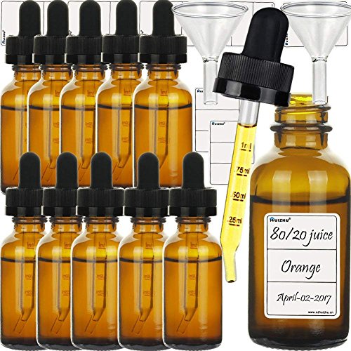 12 botellas cuentagotas de cristal de 30 ml para cigarrillos, botella de aceite esencial con embudo y etiquetas de pipeta escalonada (cristal marrón, 30 ml x 12 unidades)