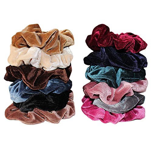 12 piezas Diademas - Colorful Velvet Hair Scrunchies - Bandas de Bobble de cabello grueso - Banda elástica de cabello para mujeres - Cintas para el cabello en marrón, gris, azules, beige, rosa oscuro, rojo rosa y negro