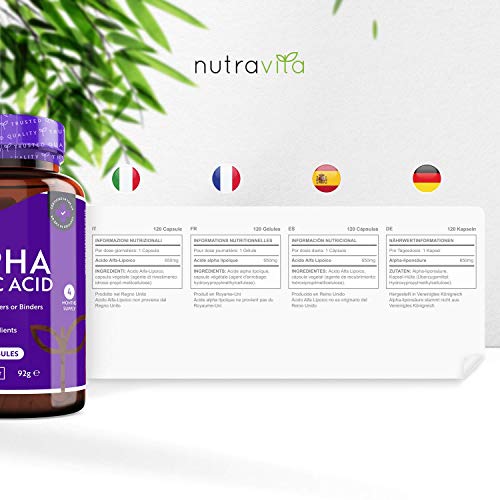 Ácido alfa lipoico 650 mg – 120 cápsulas de alta potencia para veganos – 100% naturales, sin agentes aglutinantes ni rellenos sintéticos – Suministro para 4 meses – Elaborado por Nutravita