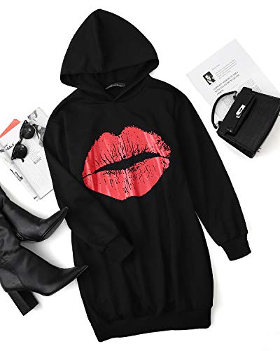 Auxo Sudaderas con Capucha para Mujer Largas Tallas Grandes Jersey Estampado Labios Manga Larga Casual Vestidos Sudadera Hoodie Negro M