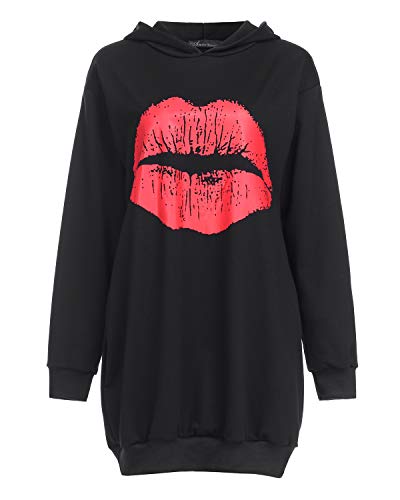 Auxo Sudaderas con Capucha para Mujer Largas Tallas Grandes Jersey Estampado Labios Manga Larga Casual Vestidos Sudadera Hoodie Negro M
