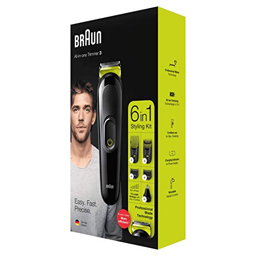 Braun Recortadora MGK3221 6 en 1, Máquina recortadora de barba, cortapelos, recortadora facial, para nariz y orejas para hombre, color verde eléctrico