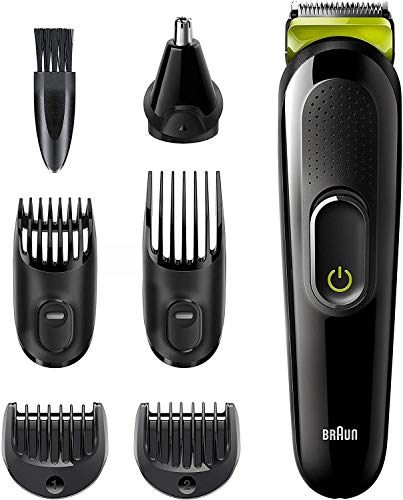 Braun Recortadora MGK3221 6 en 1, Máquina recortadora de barba, cortapelos, recortadora facial, para nariz y orejas para hombre, color verde eléctrico