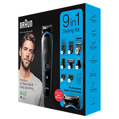 Braun Recortadora MGK5280 9 en 1, Máquina recortadora de barba, set de depilación corporal y cortapelos para hombre, color negro/azul