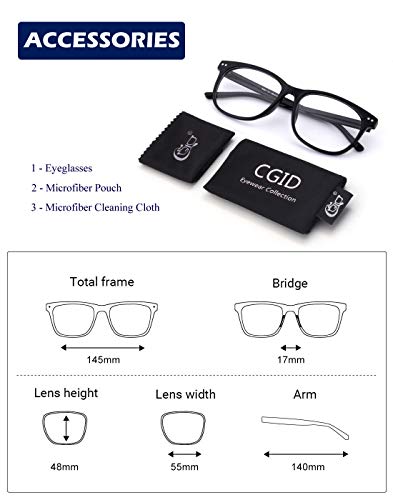 CGID CN81 Retro Anteojos Lente Claro Gafas Para Mujer y Hombre,Negro Brillante