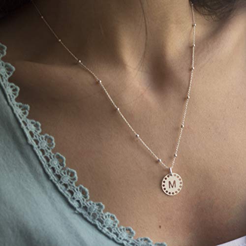 Collar Inicial (M) para Mujer, Chica Joven en Plata de Ley 925 con Cadena de 45 cm
