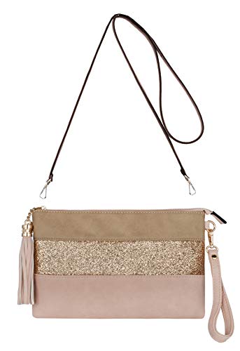 CRAZYCHIC - Bolso Bandolera Lentejuelas Mujer - Cartera de Mano Cuero PU Rayas - Bolsos de Fiesta Noche Embrague Pochette Clutch - Bolsos Hombro Crossbody Mensajero Moda - Rosa