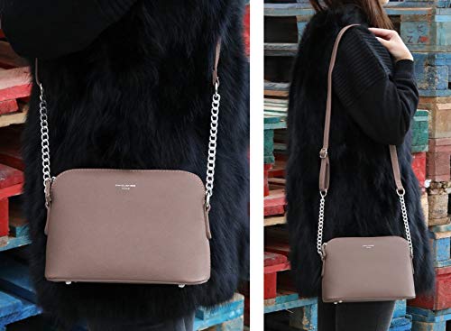 David Jones - Pequeño Bolso Bandolera Cadena Mujer - Bolsos de Hombro Cruzado Cuero PU - Mensajero Crossbody Bag - Bolso Mano Zip Embrague Clutch Pochette Noche Trabajo Moda Diario Vida - Beige Topo