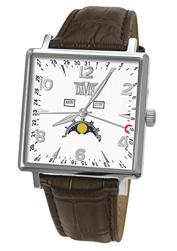 Davis 1731 - Reloj Fase Lunar Hombre Clásico Triple Calendario Cuadrado Esfera Blanca Correa de Piel Marrón