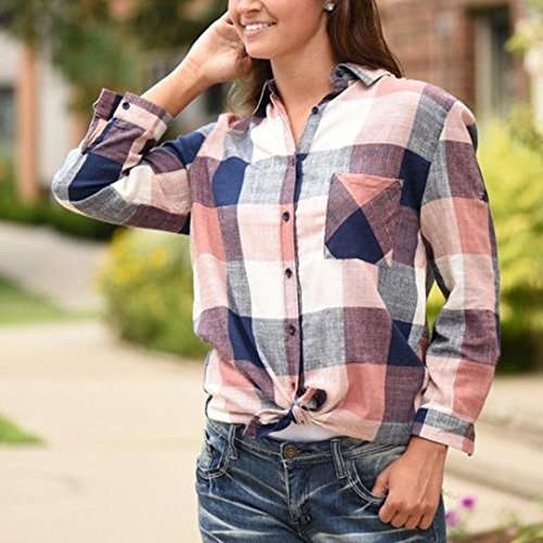 DEELIN Camisa De Manga Larga Floja De La Camisa A Cuadros Floja De La Manga De La Moda Casual De Las Mujeres (S, Naranja)