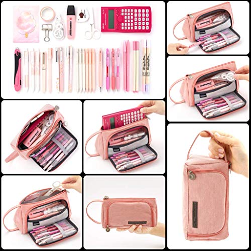 Estuche de Lápices Gran Capacidad Bolígrafos Estuche de Maquillaje Organizador de Almacenamiento de Artículos de Papelería con asa y la Oficina de la Escuela Secundaria de Colegio Estudiantes(Rosado)